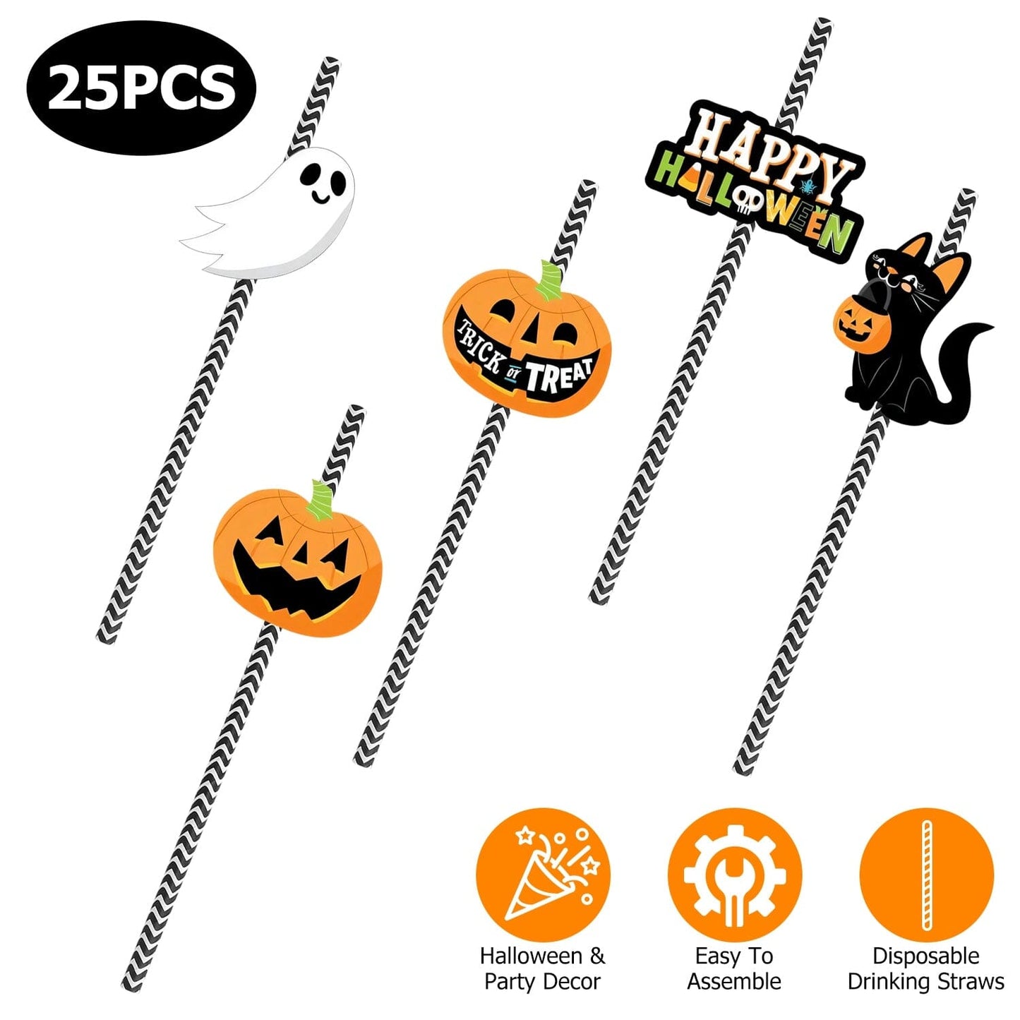 24-Pieces: Halloween Party Striped Decorative Paper Straws __stock:50 Holiday Decor & Apparel refund_fee:800