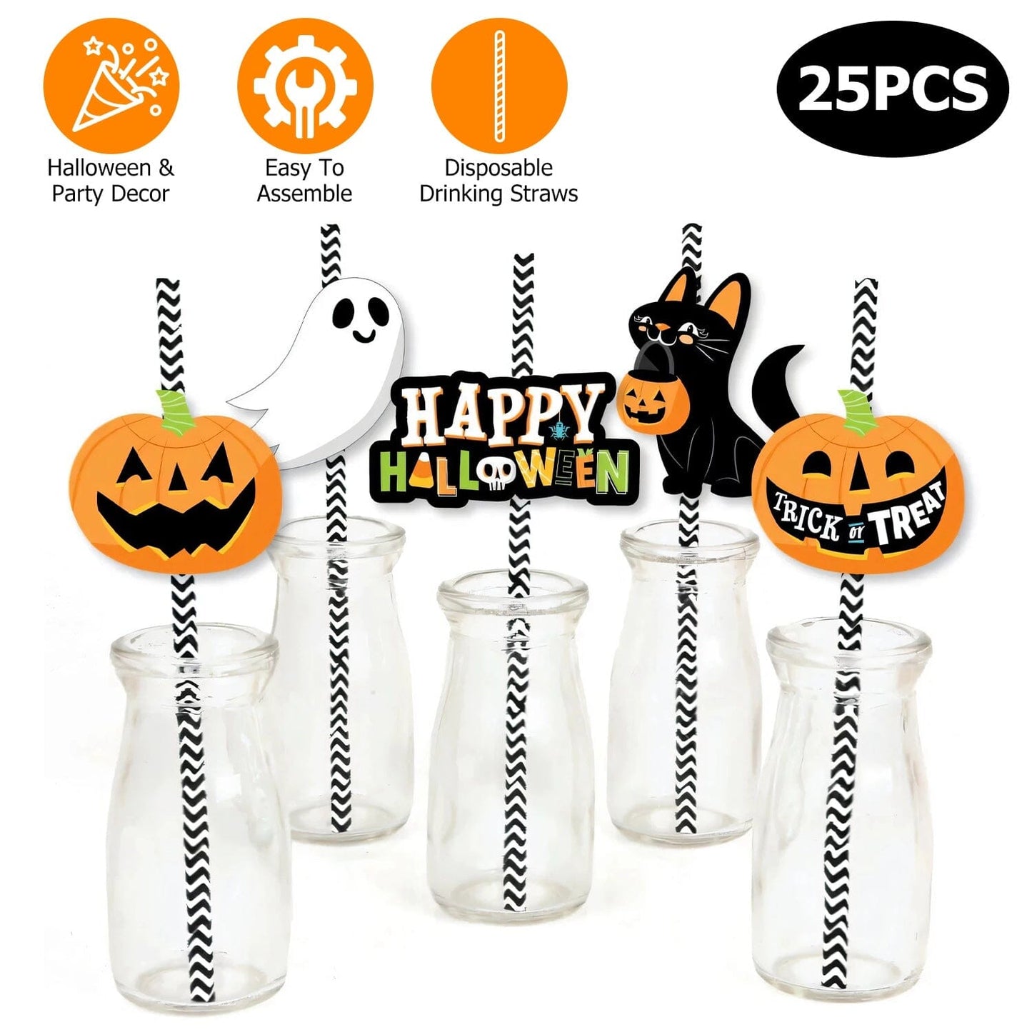 24-Pieces: Halloween Party Striped Decorative Paper Straws __stock:50 Holiday Decor & Apparel refund_fee:800