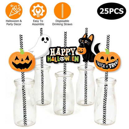 24-Pieces: Halloween Party Striped Decorative Paper Straws __stock:50 Holiday Decor & Apparel refund_fee:800