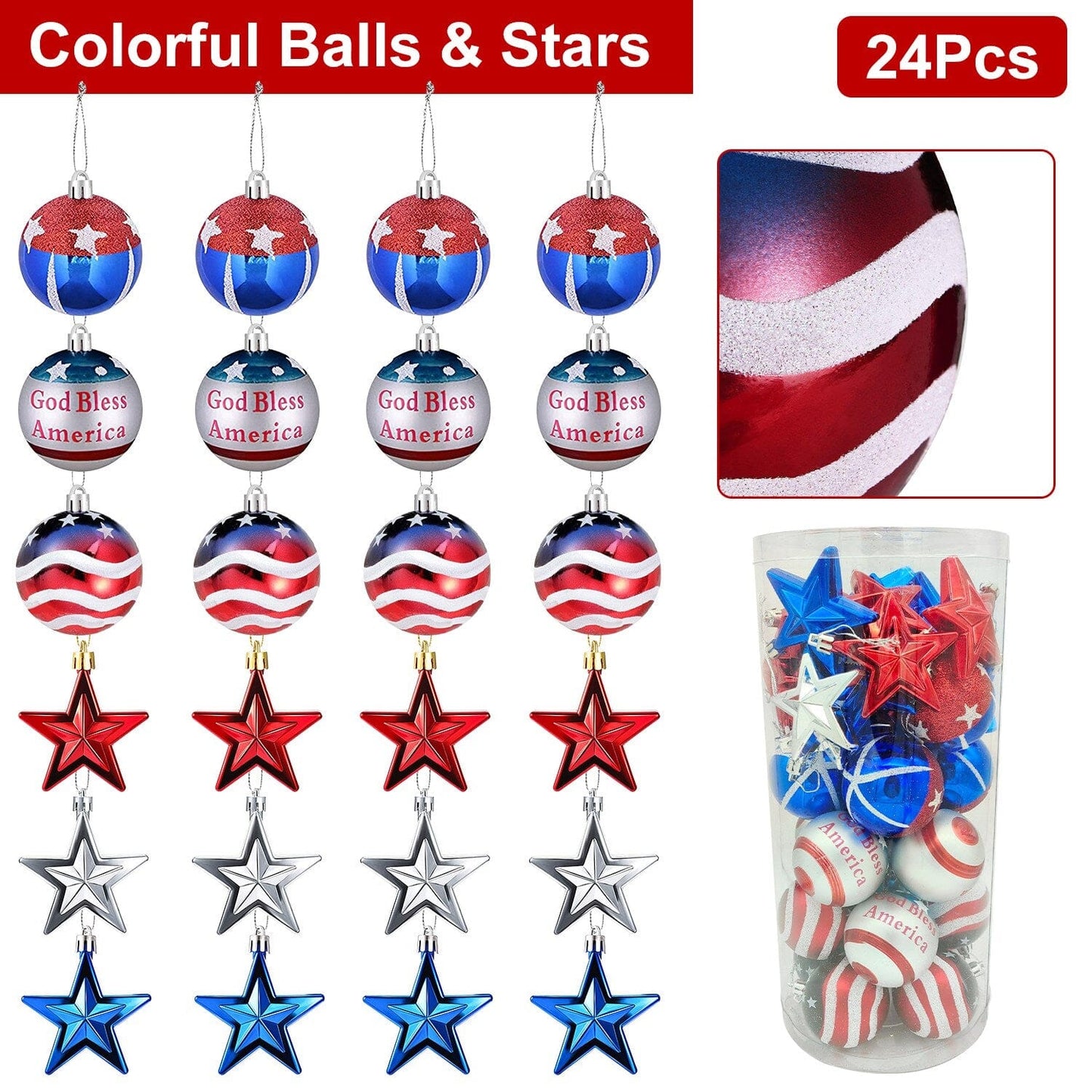 24-Pieces Set: Hanging Ornaments Ball Star Patriotic __stock:50 Holiday Decor & Apparel refund_fee:1200