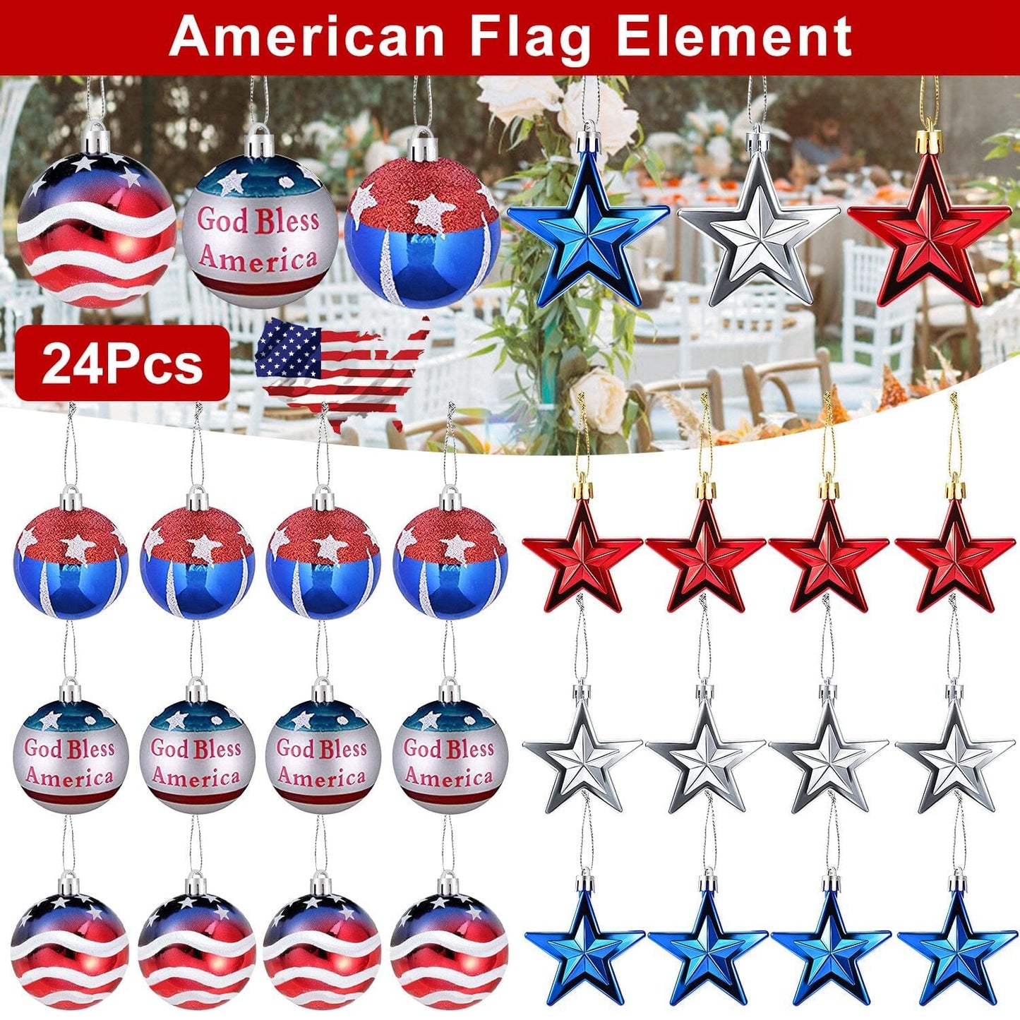 24-Pieces Set: Hanging Ornaments Ball Star Patriotic __stock:50 Holiday Decor & Apparel refund_fee:1200