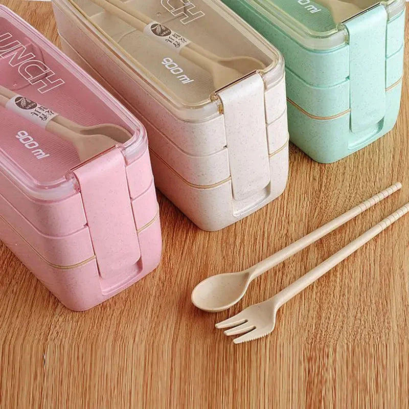 3-Layer Stackable Bento Box Japanese Lunch Box Kit with Spoon & Fork __stock:200 Kitchen & Dining refund_fee:800