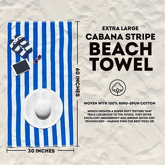 3-Pack: 30" x 60" Ultra-Soft 100% Cotton Striped Pool Cabana Hotel Beach Towels __stock:1000 Bath refund_fee:1200