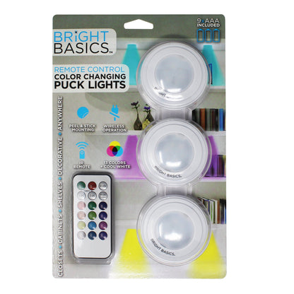 3-Pack: Bright Basics Color Changing Wireless LED Puck Lights w/ Remote Control __stock:50 Indoor Lighting refund_fee:800 Warranty