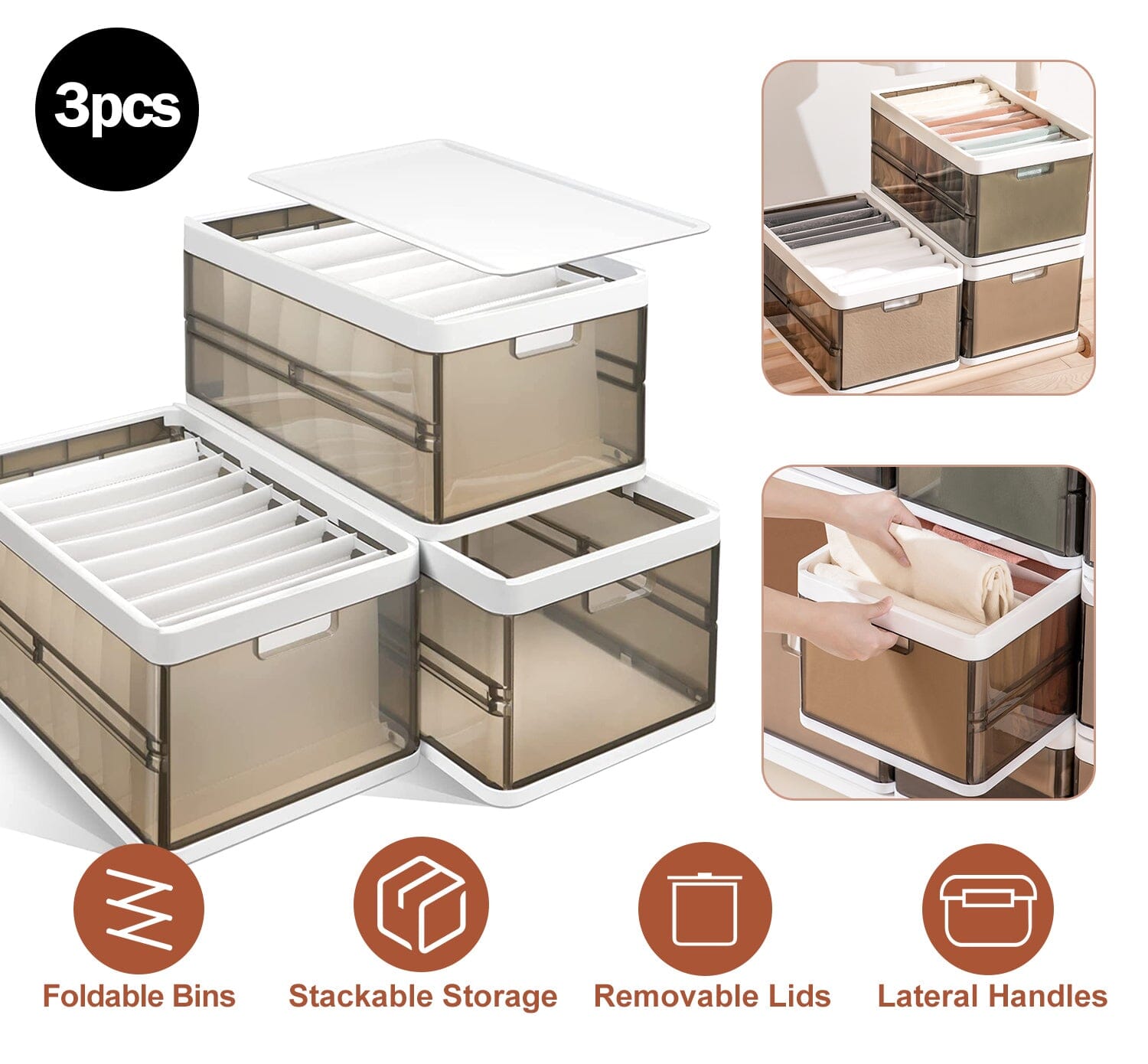 3-Pack: Foldable Storage Bin with Lid Stackable Plastic Closet Organizer __stock:50 Closet & Storage refund_fee:1800