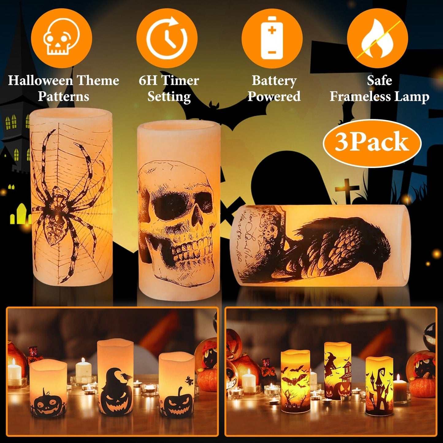 3-Pack: Halloween Battery Operated Flameless Candle Lamp with Timer Setting __stock:50 Holiday Decor & Apparel refund_fee:1200