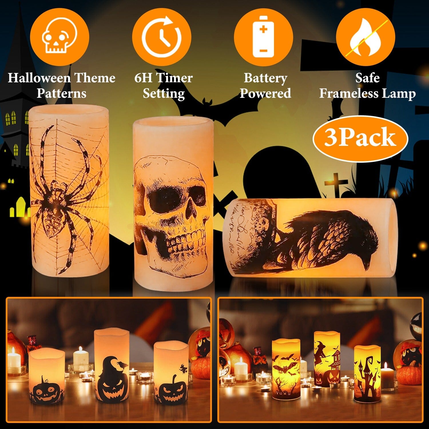 3-Pack: Halloween Battery Operated Flameless Candle Lamp with Timer Setting __stock:50 Holiday Decor & Apparel refund_fee:1200