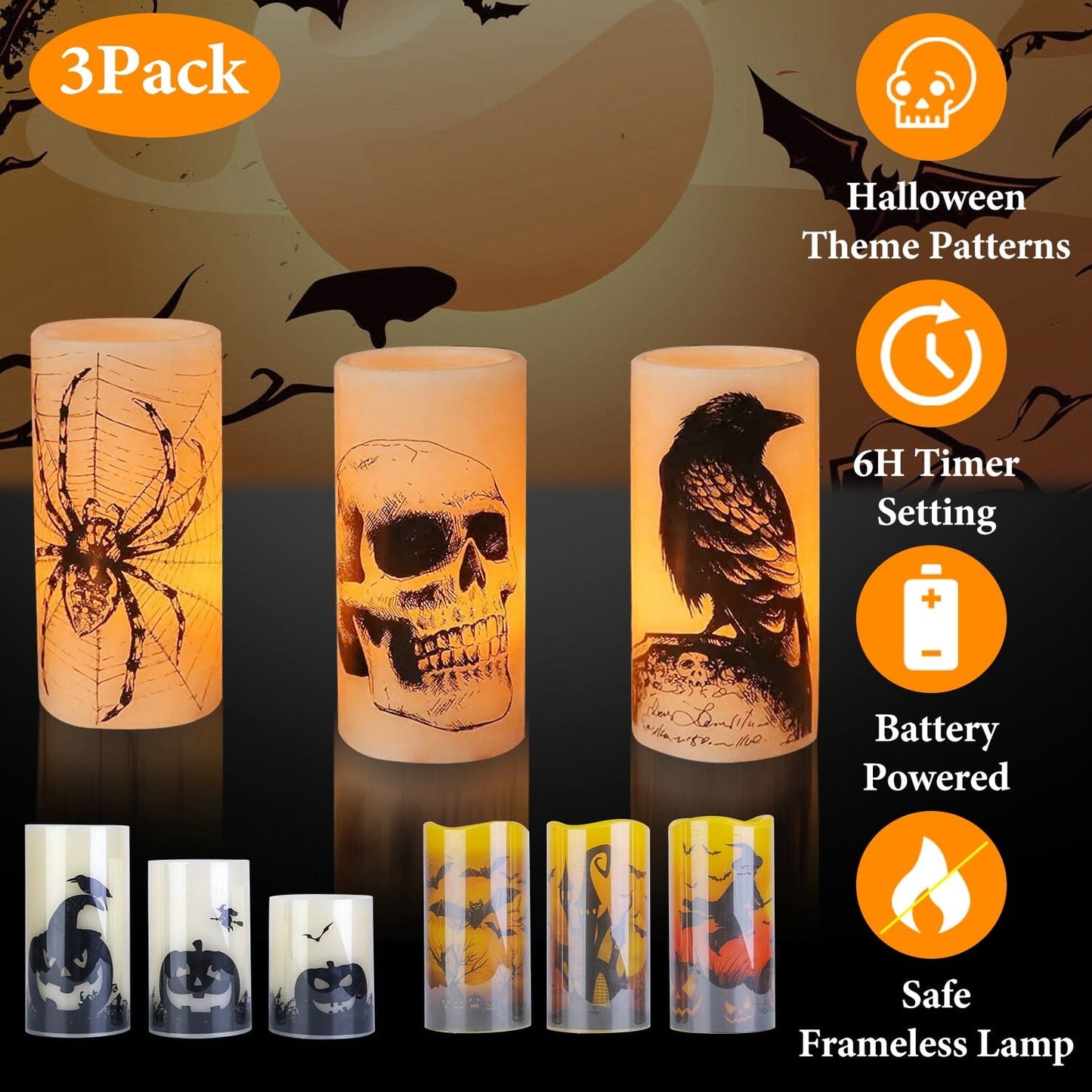 3-Pack: Halloween Battery Operated Flameless Candle Lamp with Timer Setting __stock:50 Holiday Decor & Apparel refund_fee:1200