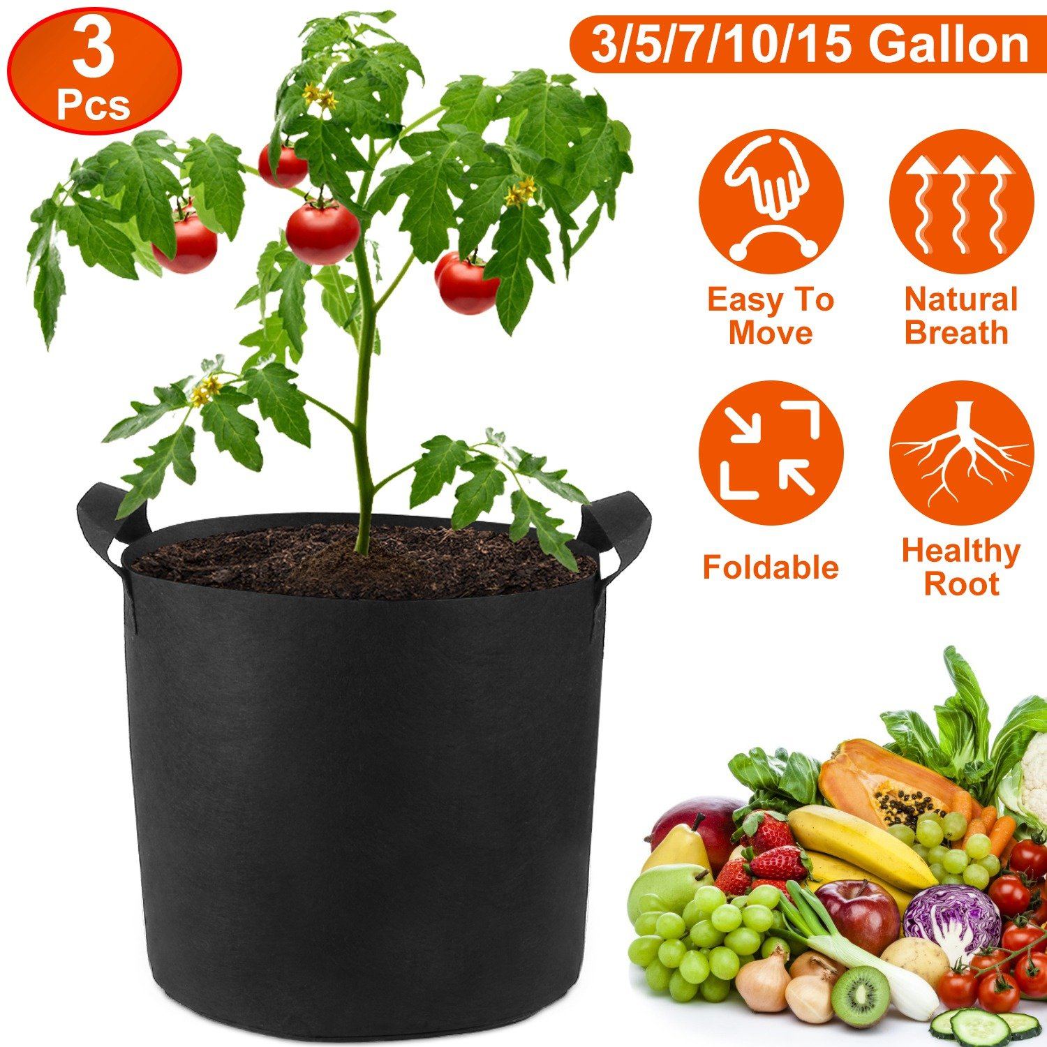 3-Pack: Planter Bags Breathable Planting Fabric Pots with Harvest Window __stock:50 Garden & Patio Low stock refund_fee:800