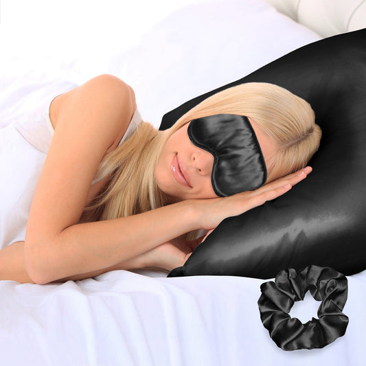 3-Piece: Super Soft Luxury Satin Facial and Hair Care Pillowcase, Eye Mask and Scrunchie Black __label2:BOGO 30% OFF __stock:50 Bedding refund_fee:800