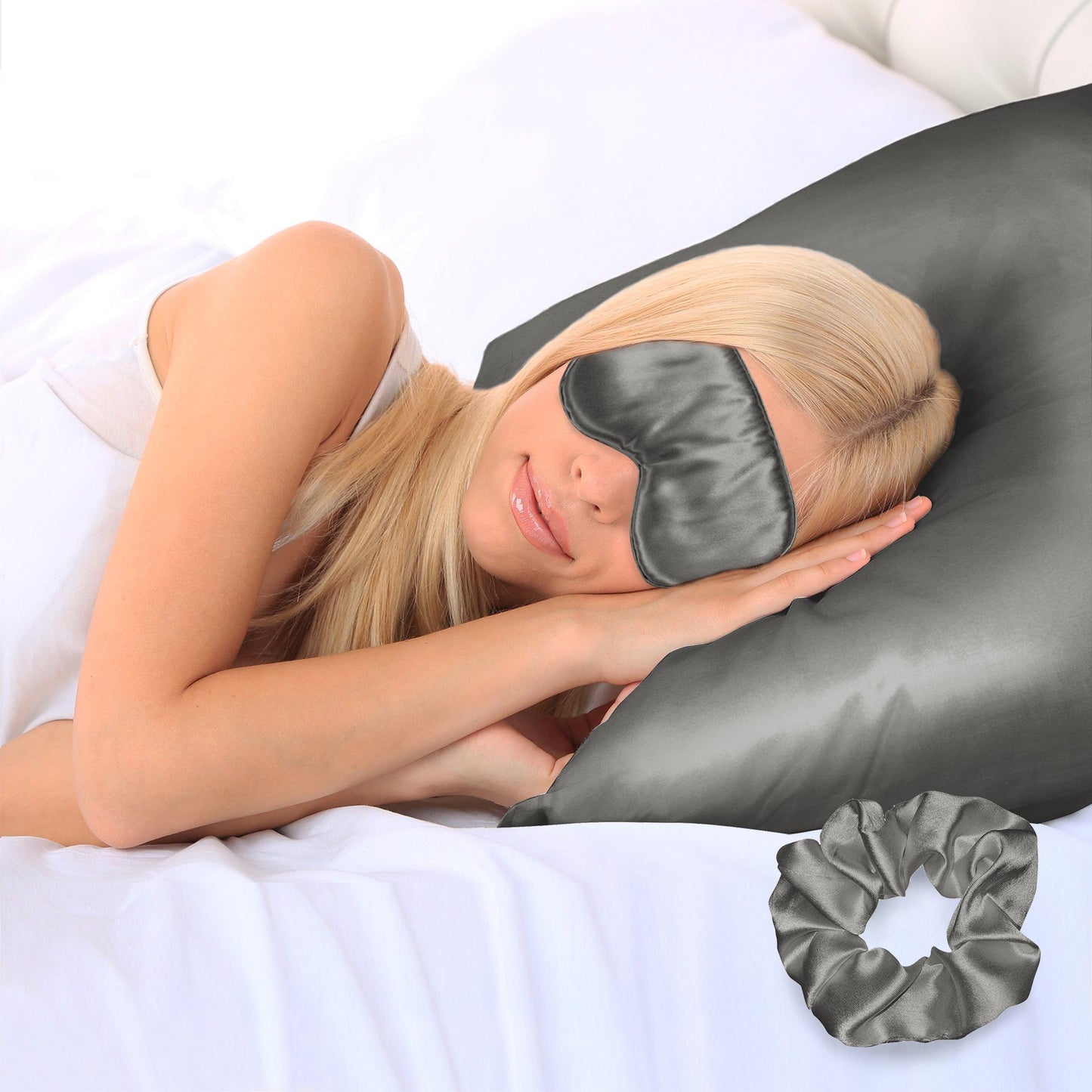 3-Piece: Super Soft Luxury Satin Facial and Hair Care Pillowcase, Eye Mask and Scrunchie Gray __label2:BOGO 30% OFF __stock:50 Bedding refund_fee:800