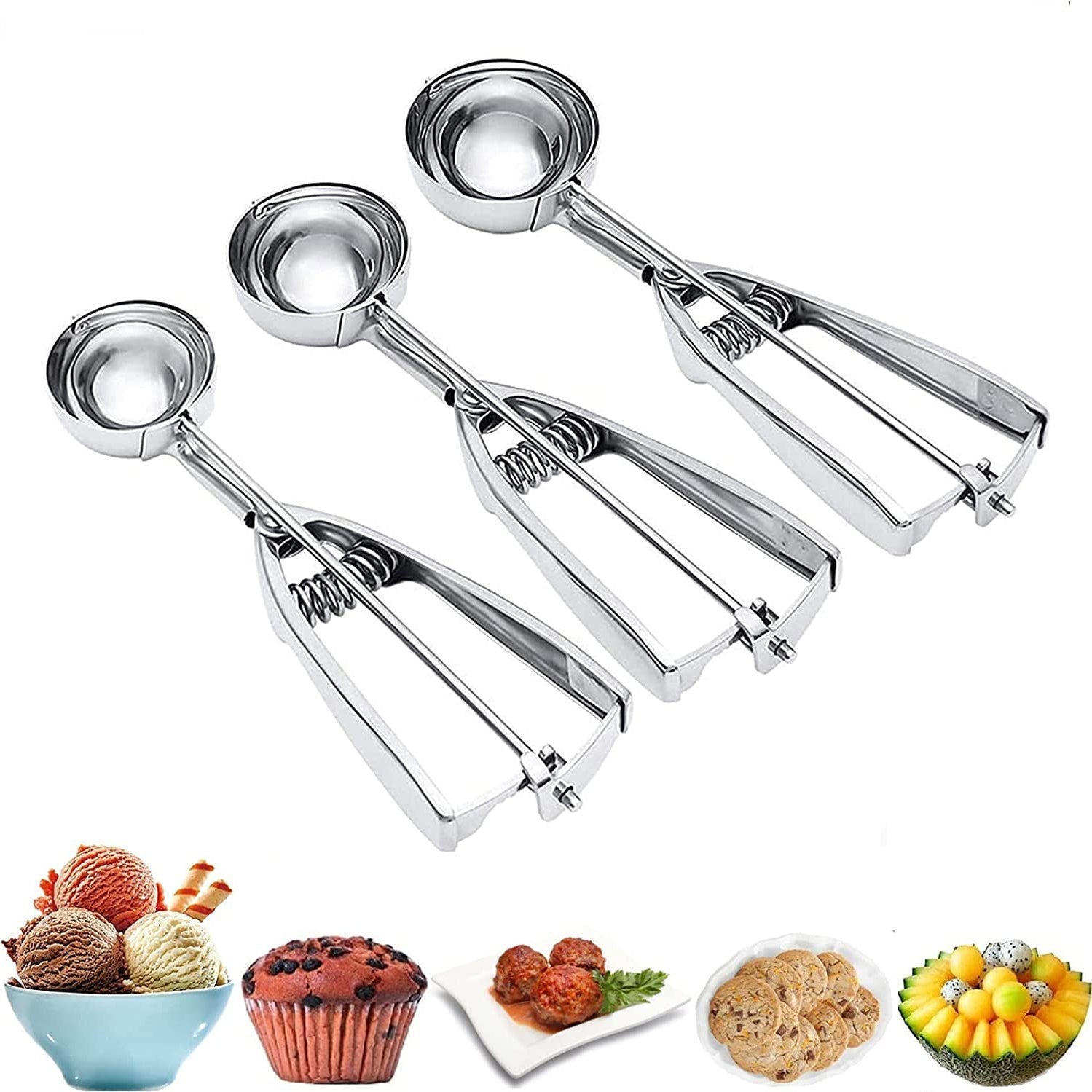 3-Pieces Set: Stainless Steel Cookie Scoops with Trigger Release __stock:200 Kitchen & Dining refund_fee:800