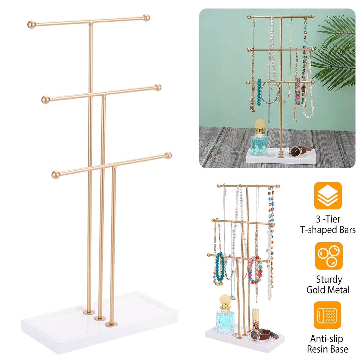 3-Tier Gold Metal Tabletop Jewelry Tree Stand __stock:50 Closet & Storage refund_fee:1200