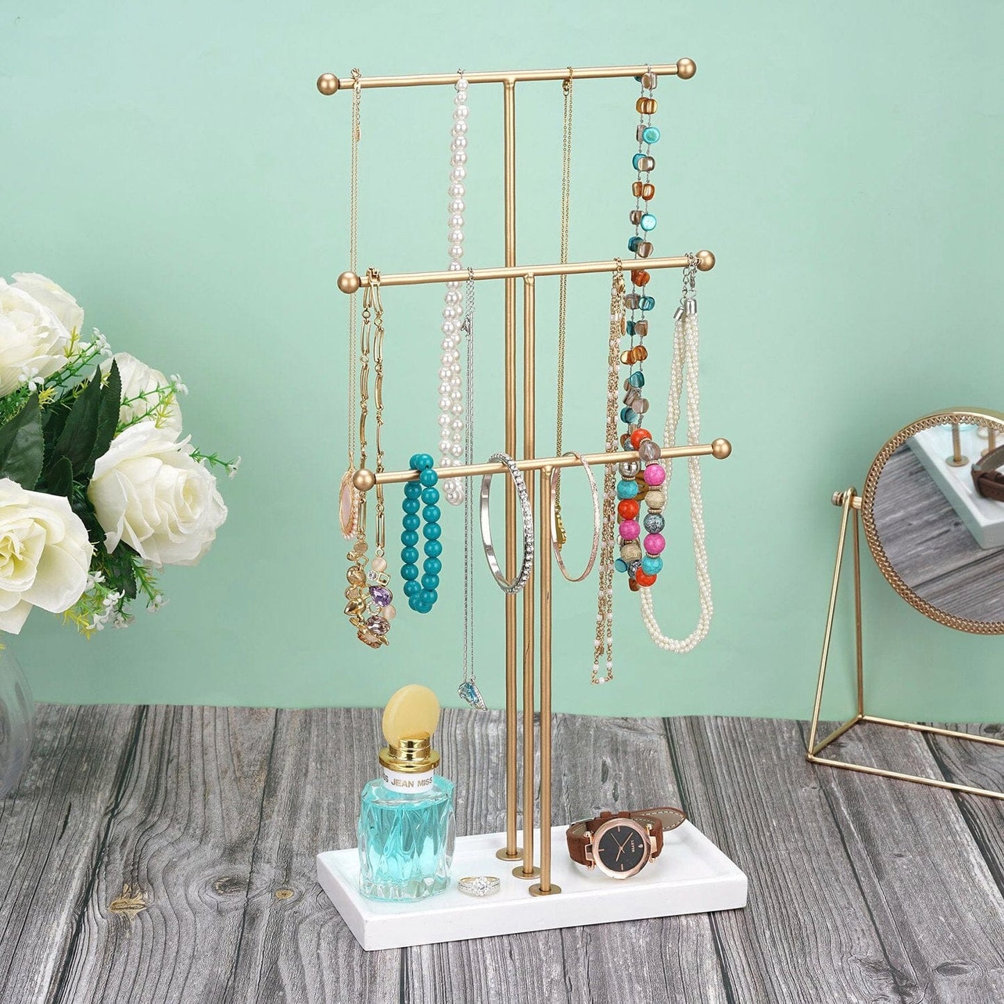 3-Tier Gold Metal Tabletop Jewelry Tree Stand __stock:50 Closet & Storage refund_fee:1200