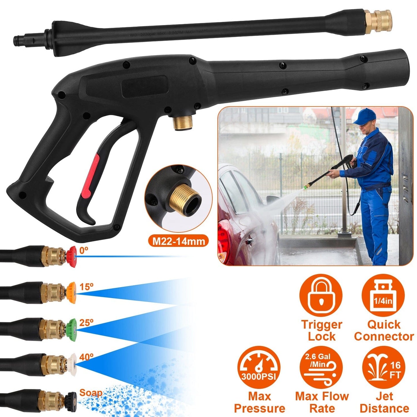 3000PSI Pressure Washer Gun Car Foam Sprayer with Jet Wand 5 Nozzle Tips M22-14 Connector __stock:50 Garden & Patio Low stock refund_fee:1200