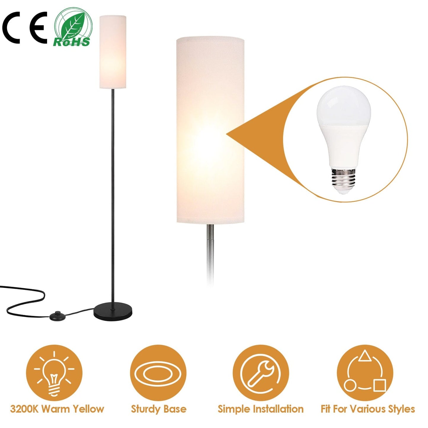 3200K Warm Yellow Light Modern Standing Lamp with Foot Switch 6W Bulb __stock:50 Indoor Lighting refund_fee:1800 Warranty