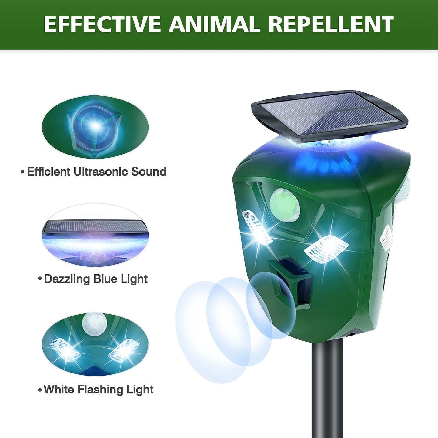 360° Electric Solar Powered Ultrasonic Repeller with Motion Sensor LED Flashing Lights __stock:50 Pest Control refund_fee:1800 Warranty