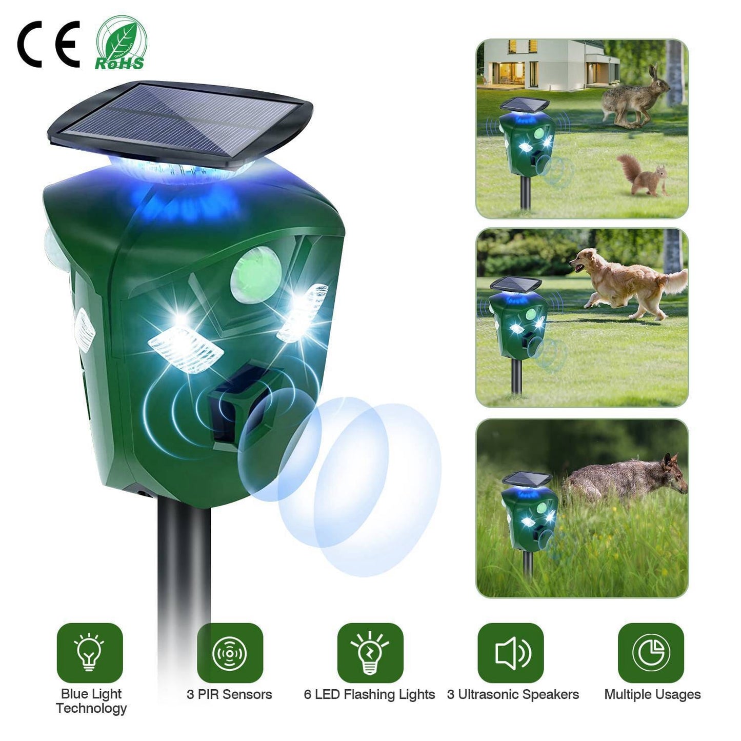 360° Electric Solar Powered Ultrasonic Repeller with Motion Sensor LED Flashing Lights __stock:50 Pest Control refund_fee:1800 Warranty