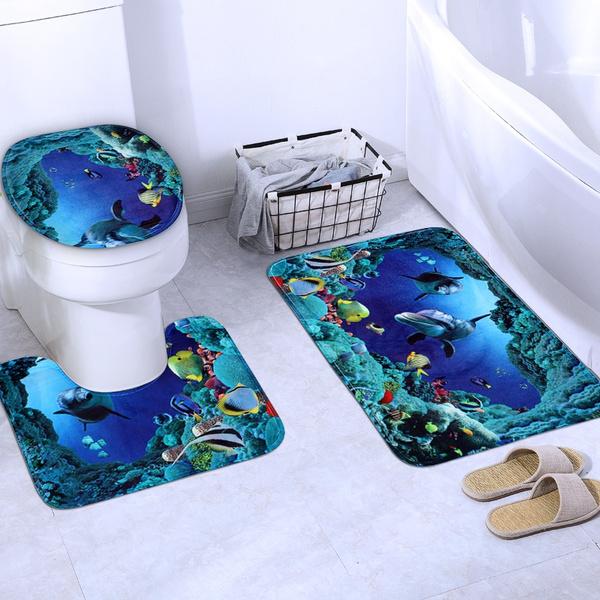 3D Printing Waterproof Shower Curtain Pedestal Rug Toilet Cover Bath Mat Set __stock:100 Bath refund_fee:1800