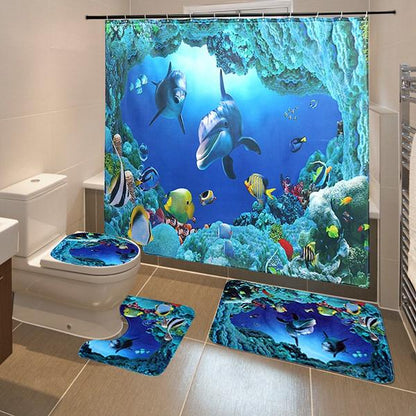 3D Printing Waterproof Shower Curtain Pedestal Rug Toilet Cover Bath Mat Set __stock:100 Bath refund_fee:1800