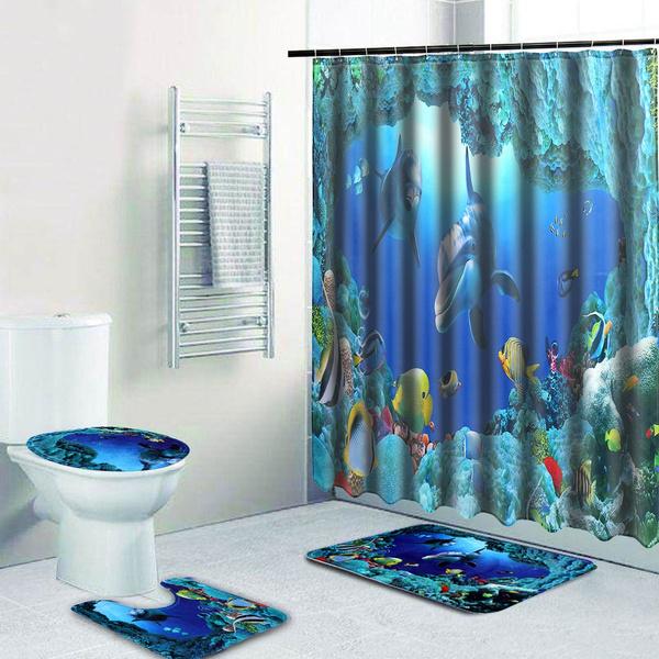 3D Printing Waterproof Shower Curtain Pedestal Rug Toilet Cover Bath Mat Set __stock:100 Bath refund_fee:1800