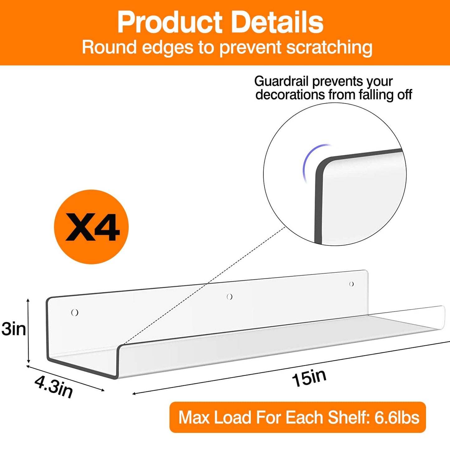 4-Pack: 15 inches Clear Acrylic Floating Shelves with 2 Mounting Ways __stock:50 Closet & Storage Low stock refund_fee:1200