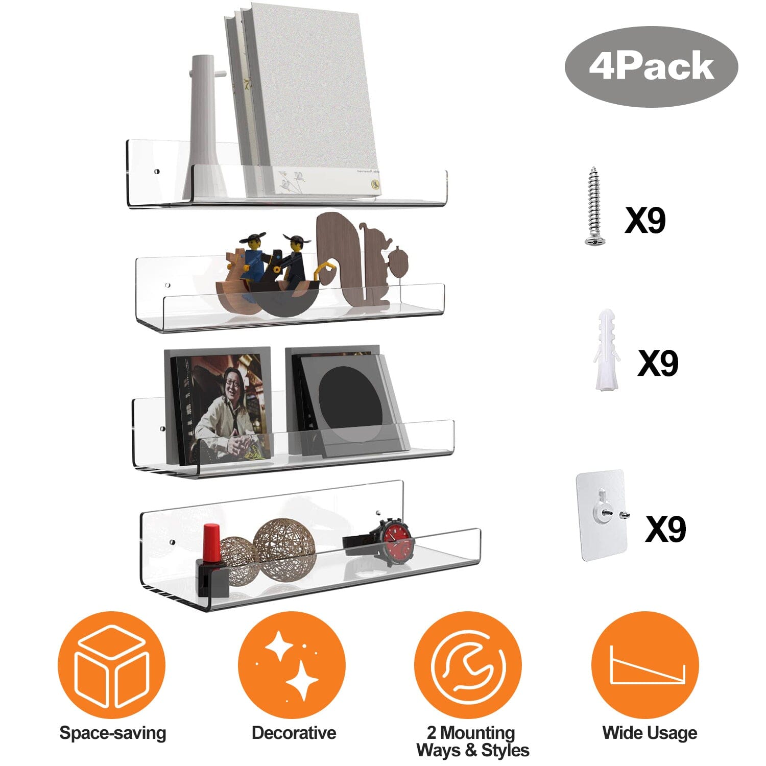 4-Pack: 15 inches Clear Acrylic Floating Shelves with 2 Mounting Ways __stock:50 Closet & Storage Low stock refund_fee:1200