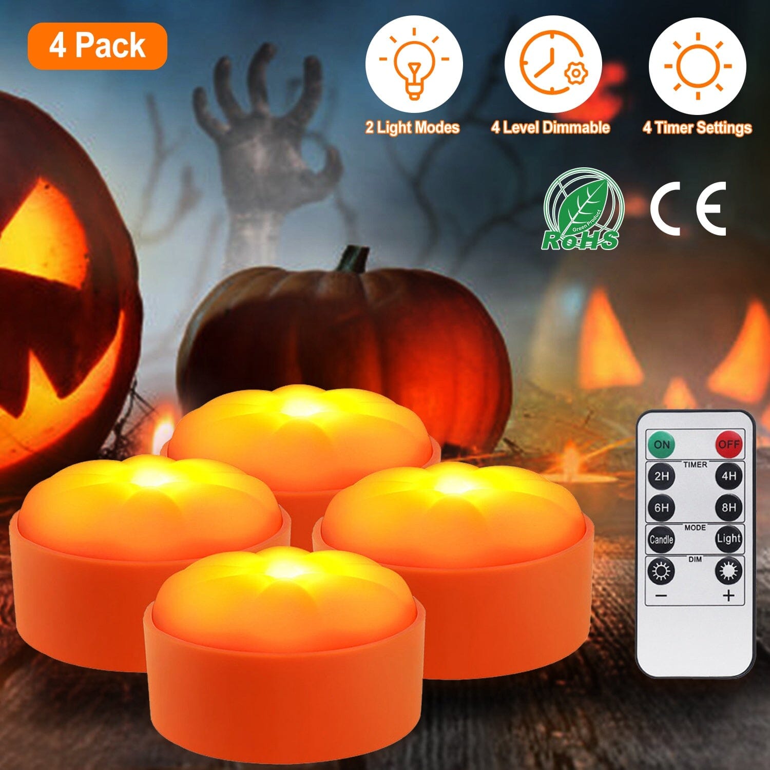 4-Pack: Halloween LED Pumpkin Lights Battery Operated with 2 Light Modes 4 Timer Setting __stock:50 Holiday Decor & Apparel refund_fee:1200 Warranty