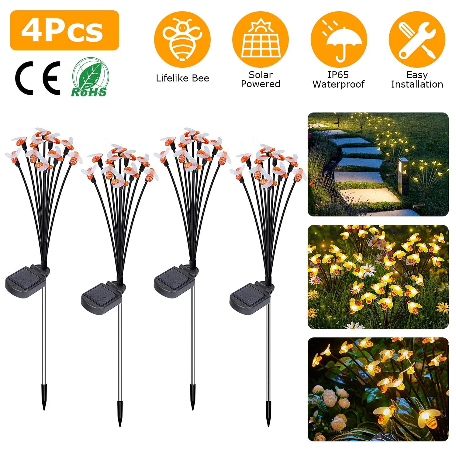 4-Pack: Solar Powered Stake Bee Light 2 Lighting Mode Lifelike Firefly __stock:50 Low stock Outdoor Lighting refund_fee:1800 Warranty