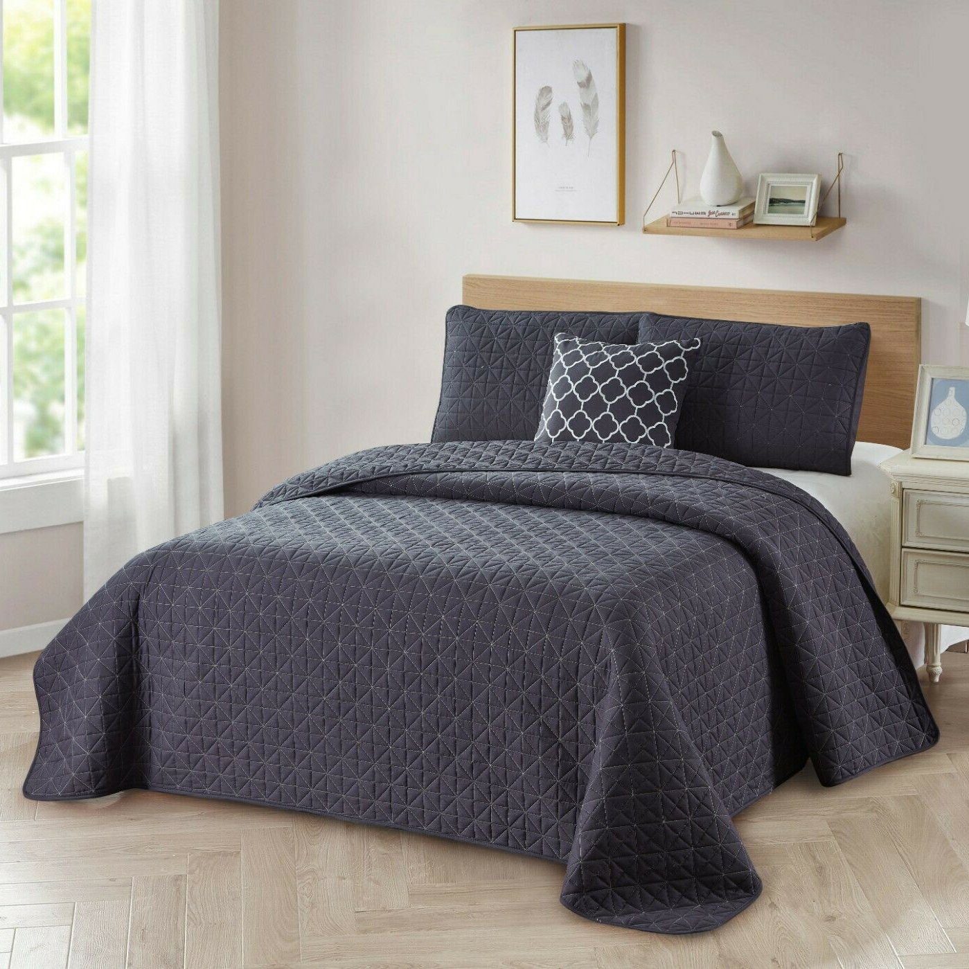 4-Piece: Bibb Home Solid Reversible Quilt Set with Embroidered Cushion Gray __label2:BOGO 30% OFF __stock:100 Bedding refund_fee:1200