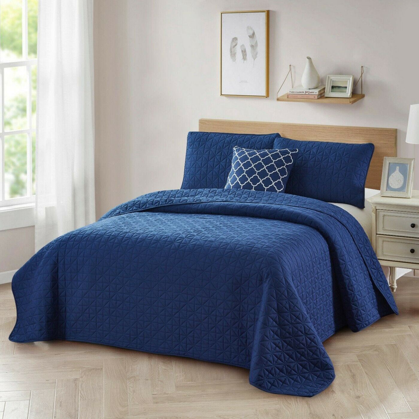 4-Piece: Bibb Home Solid Reversible Quilt Set with Embroidered Cushion Navy __label2:BOGO 30% OFF __stock:100 Bedding refund_fee:1200