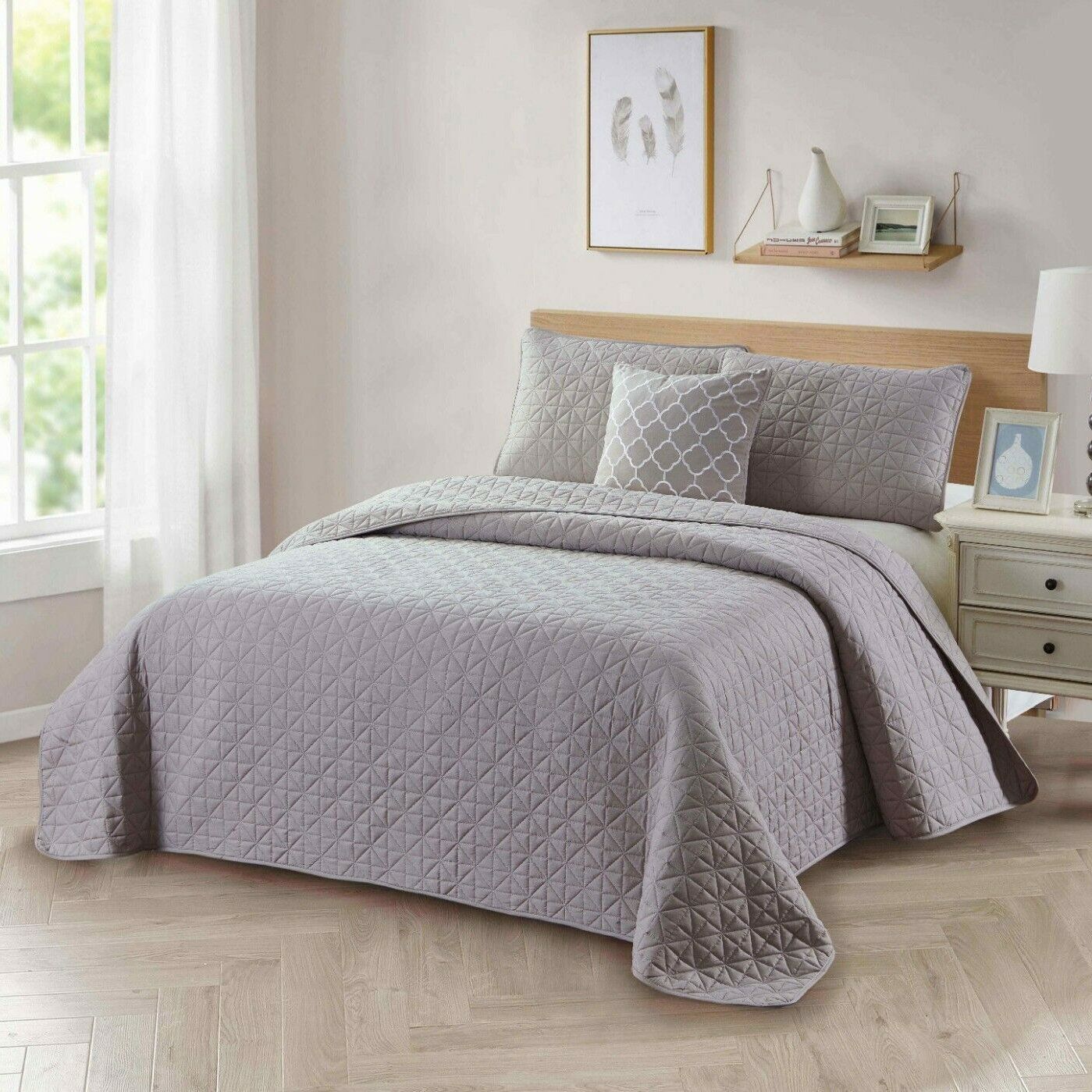 4-Piece: Bibb Home Solid Reversible Quilt Set with Embroidered Cushion Taupe __label2:BOGO 30% OFF __stock:100 Bedding refund_fee:1200