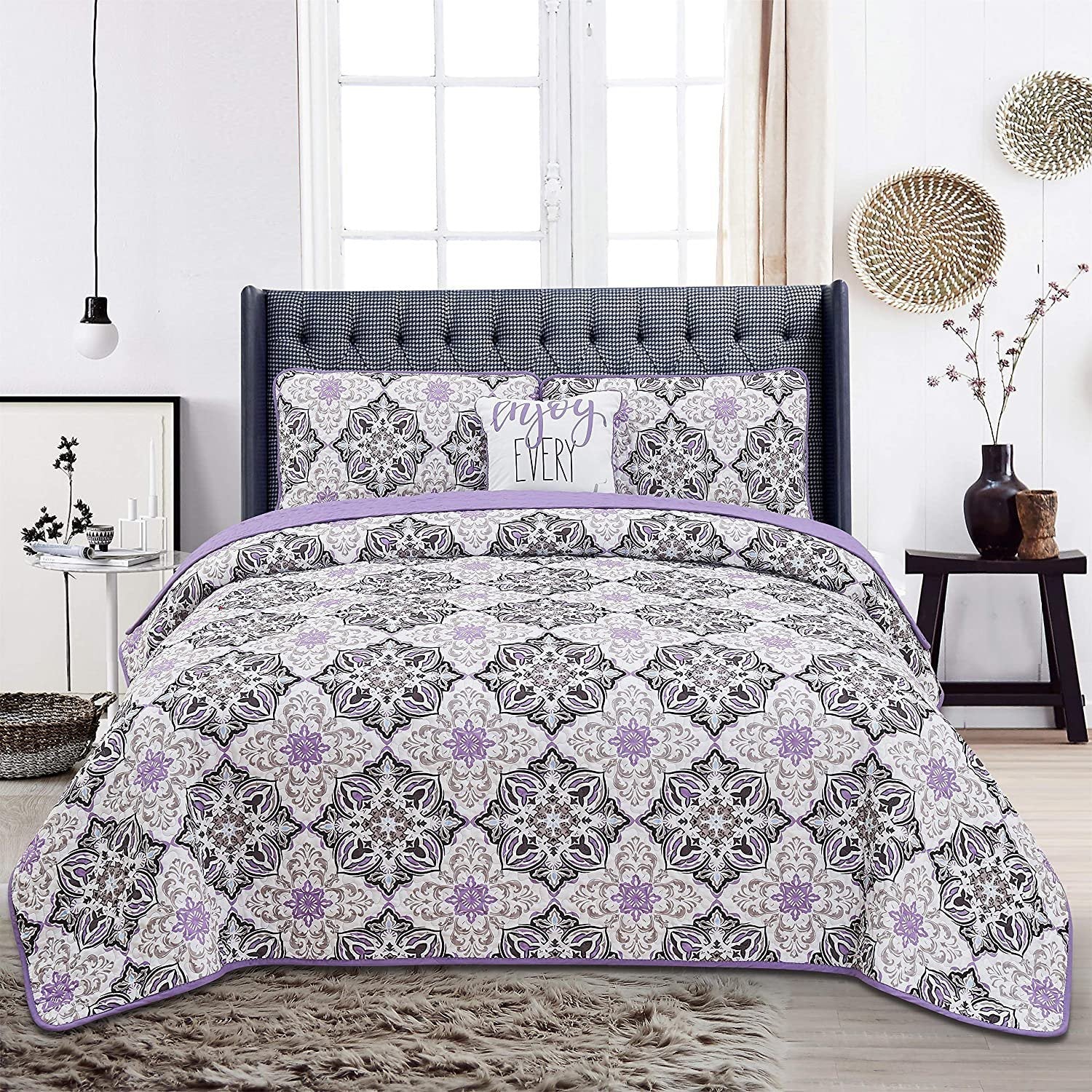 4-Piece: Reversible Quilt Set - Assorted Styles Purple Vidara __label2:BOGO 30% OFF __stock:50 Bedding refund_fee:1200