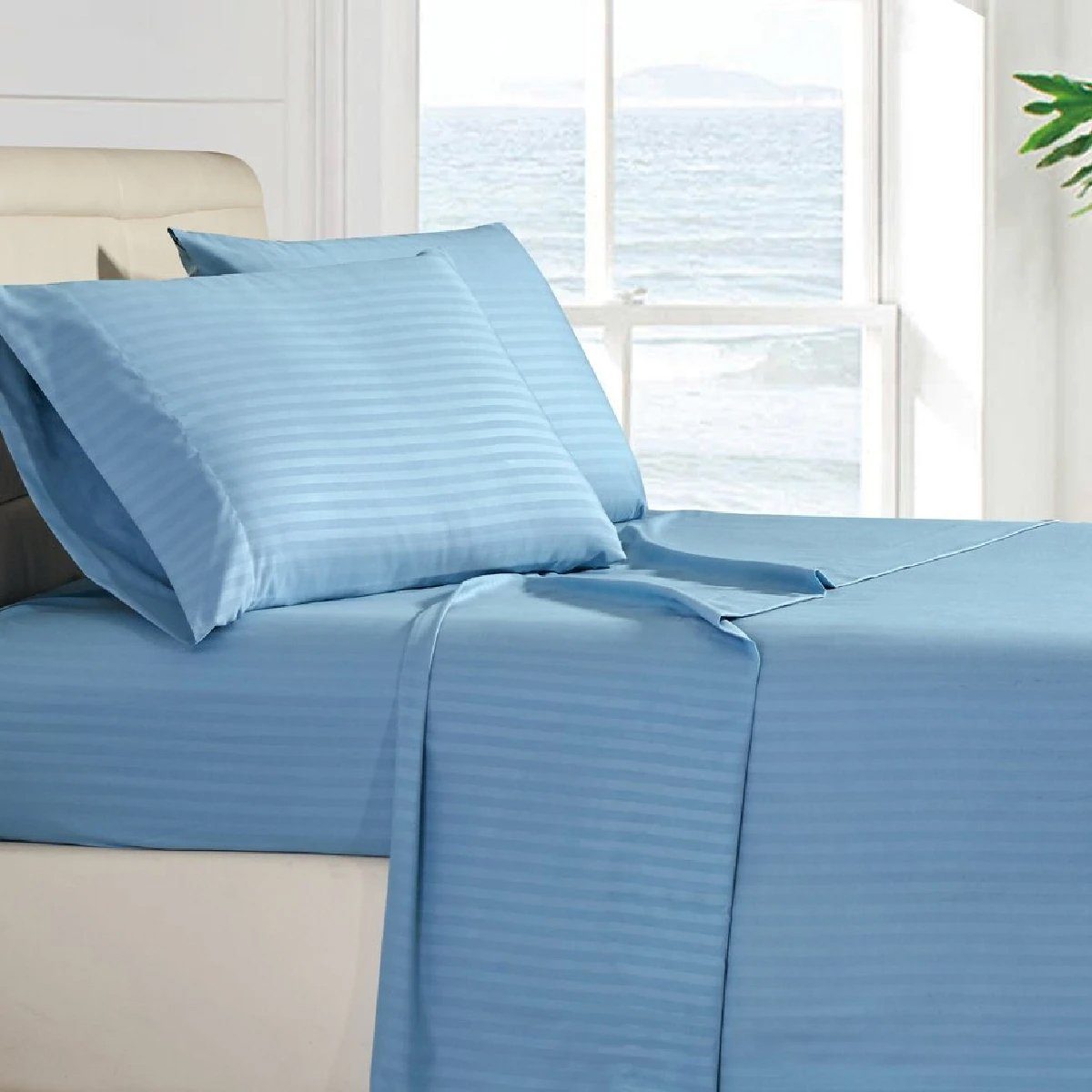 4-Piece: Stripe Smooth Textured Bedding Sheet Set Blue __label2:BOGO 30% OFF Bedding refund_fee:1200