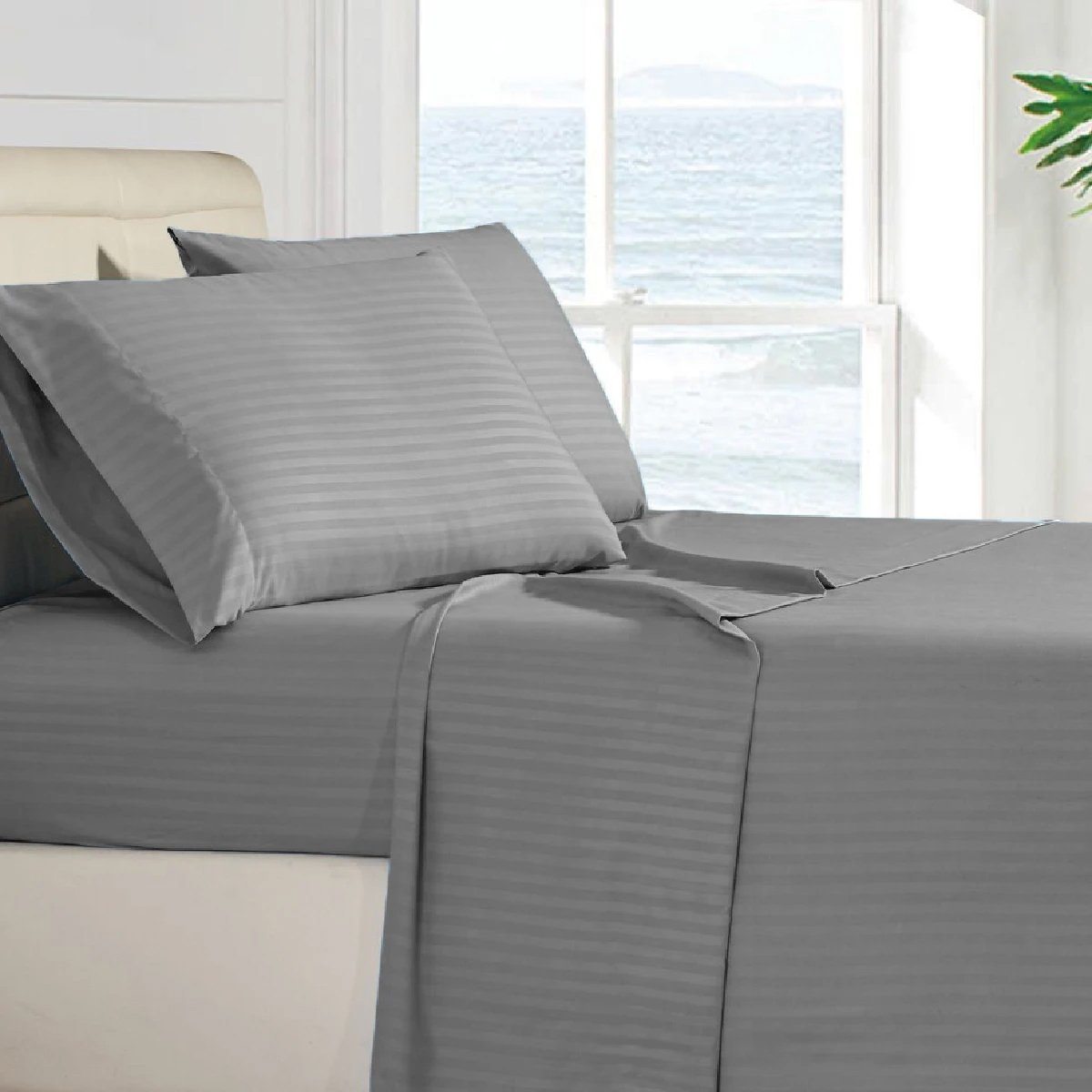 4-Piece: Stripe Smooth Textured Bedding Sheet Set Dark Gray __label2:BOGO 30% OFF Bedding refund_fee:1200