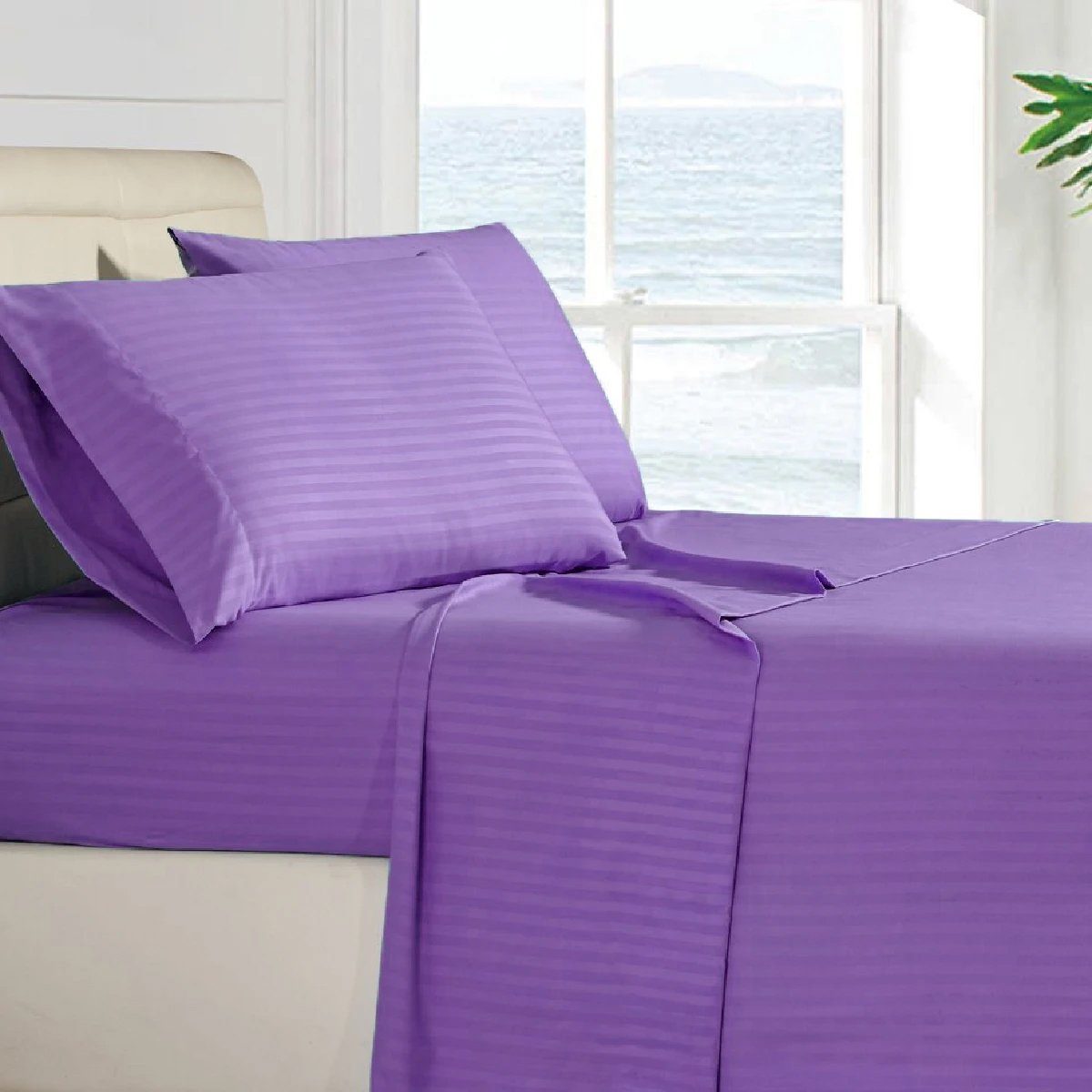 4-Piece: Stripe Smooth Textured Bedding Sheet Set Purple __label2:BOGO 30% OFF Bedding refund_fee:1200