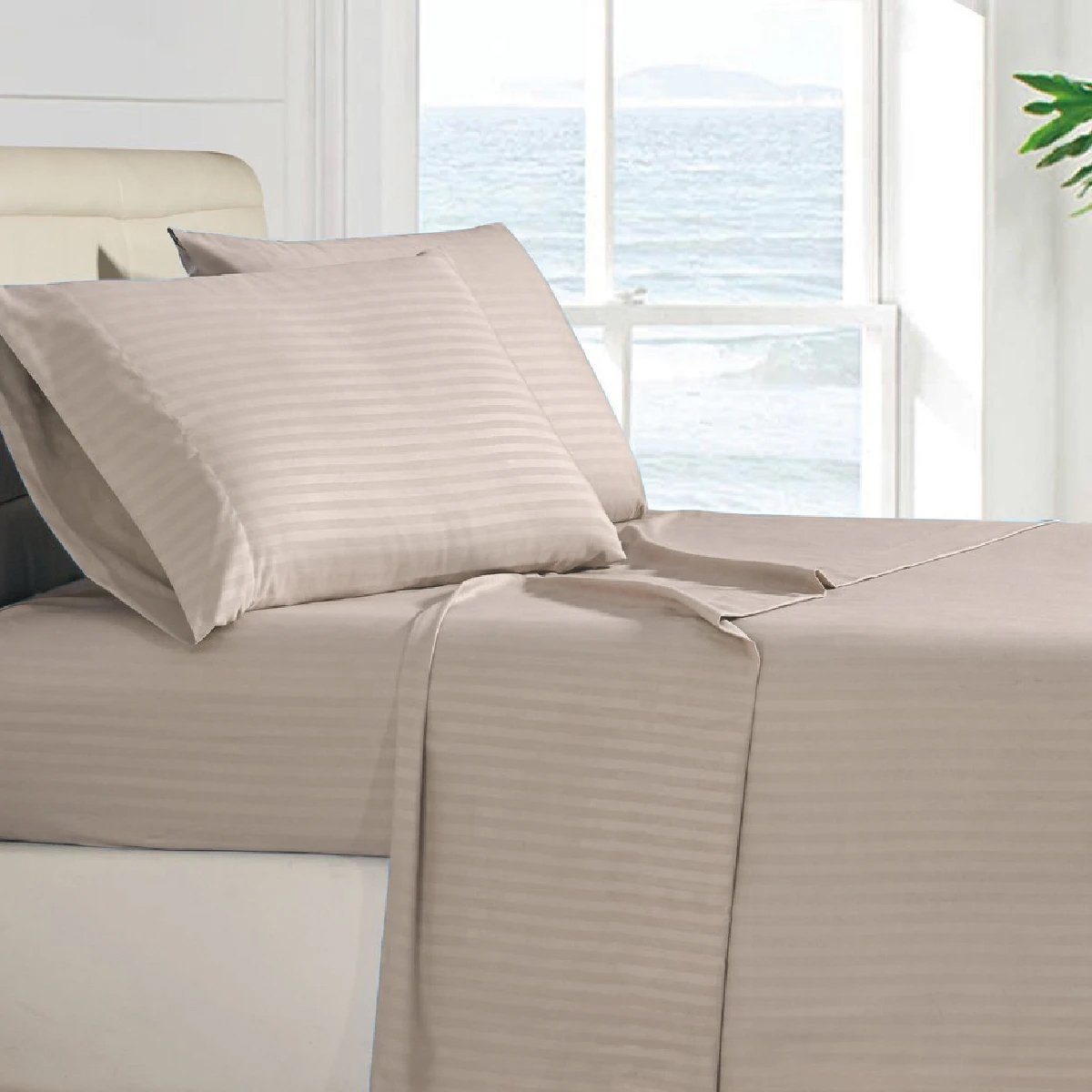 4-Piece: Stripe Smooth Textured Bedding Sheet Set Taupe __label2:BOGO 30% OFF Bedding refund_fee:1200