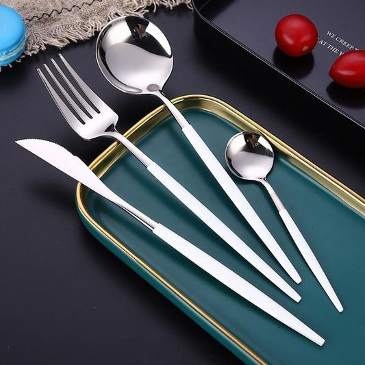 4-Pieces: Mirror Polish Dinnerware Set Stainless Steel Cutlery Set Flat Tableware Silver __stock:100 Kitchen & Dining refund_fee:1200 show-color-swatches