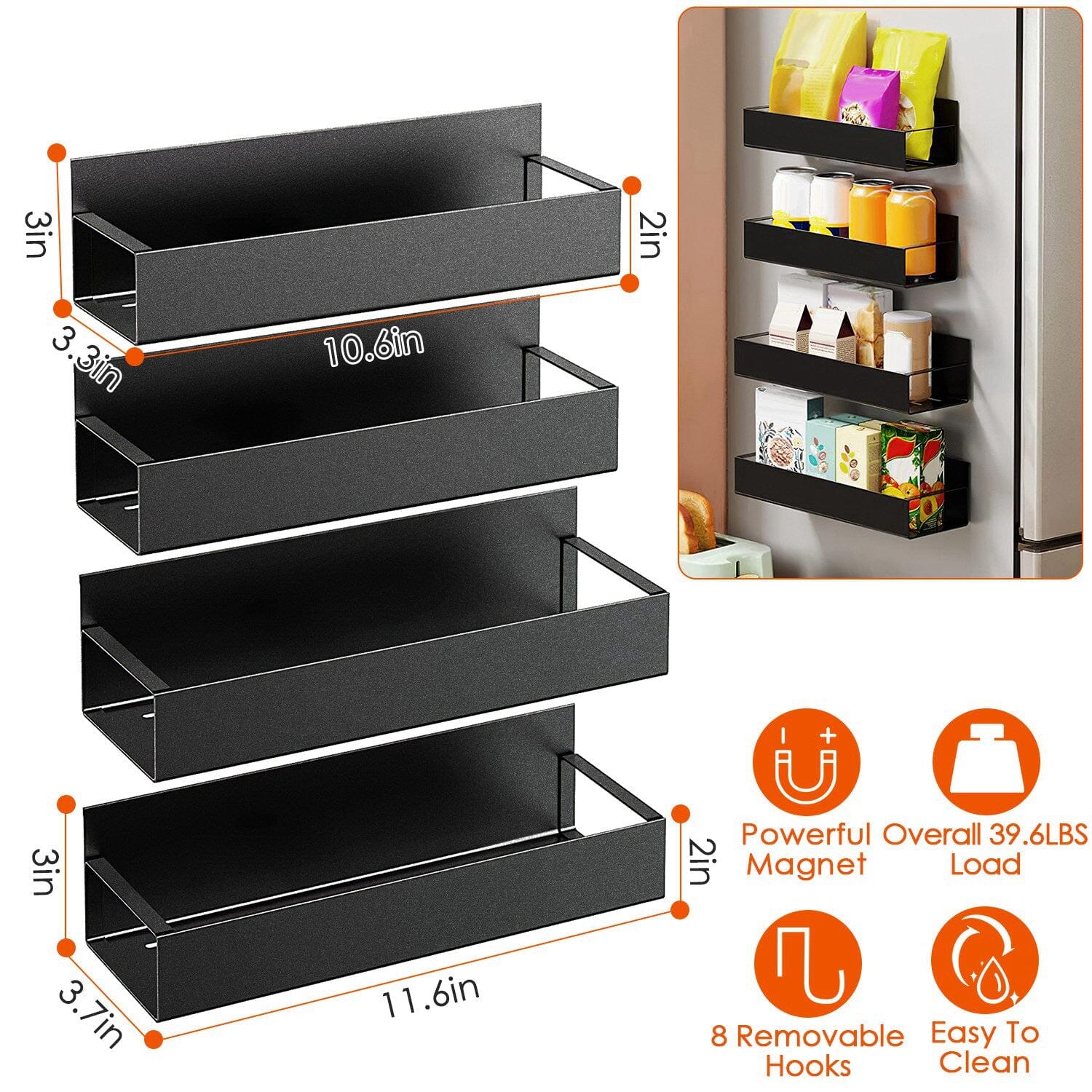 4-Pieces: Spice Rack Strong Magnetic Seasoning Storage Shelf with 8 Removable Hooks __stock:50 Kitchen & Dining refund_fee:1200