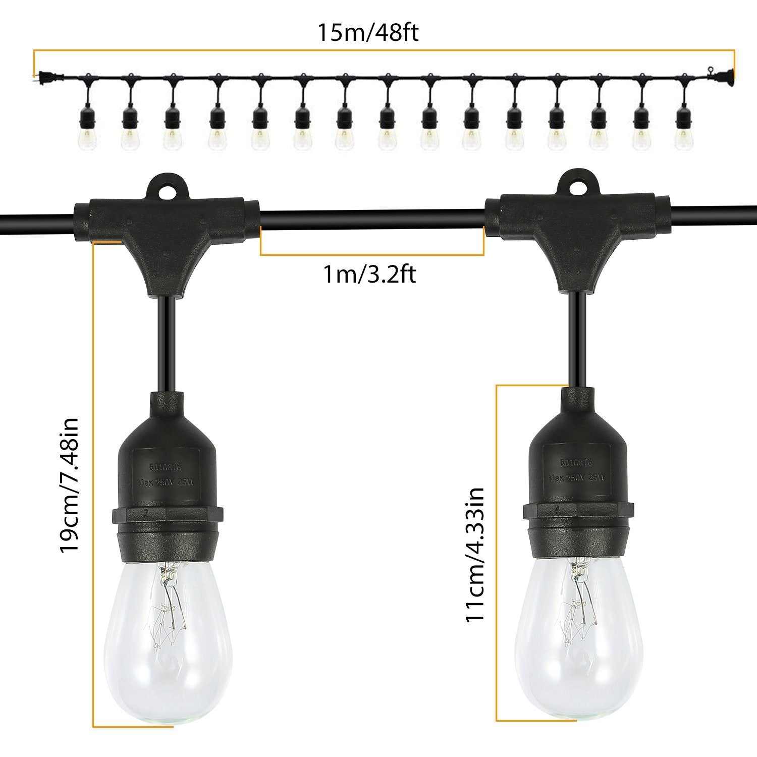 48ft Outdoor String Light Waterproof Patio String Lights Bulbs refund_fee:2200 String & Fairy Lights Warranty