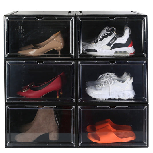 6-Pack: Collapsible Shoe Box Stackable Shoe Storage Bin with Magnetic Door Black __stock:50 Closet & Storage refund_fee:2200