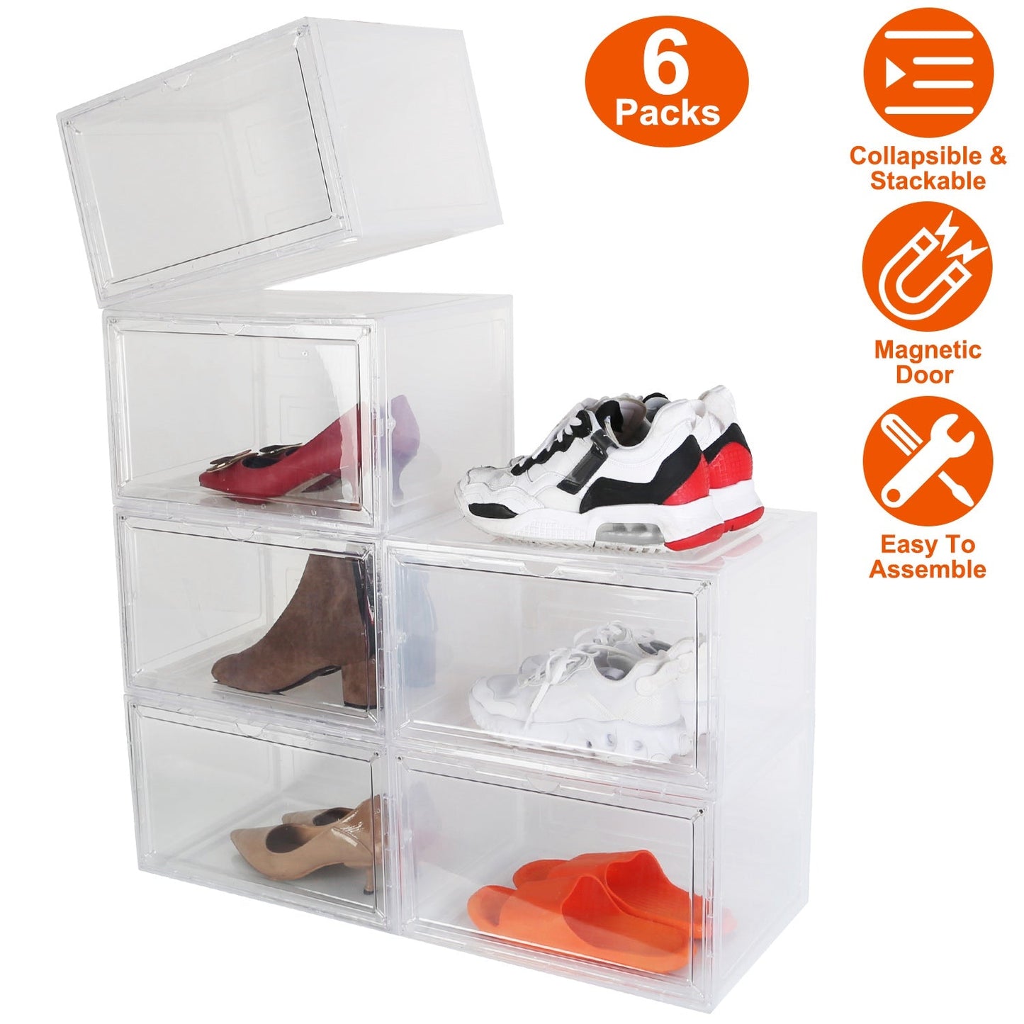 6-Pack: Collapsible Shoe Box Stackable Shoe Storage Bin with Magnetic Door __stock:50 Closet & Storage refund_fee:2200