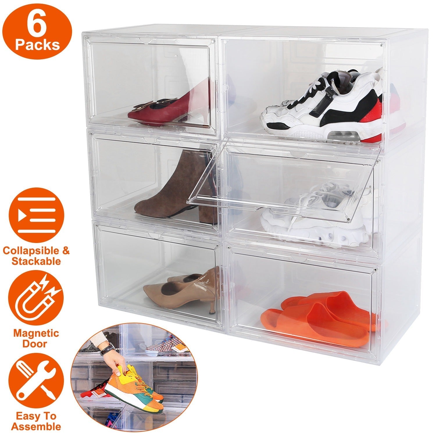 6-Pack: Collapsible Shoe Box Stackable Shoe Storage Bin with Magnetic Door __stock:50 Closet & Storage refund_fee:2200