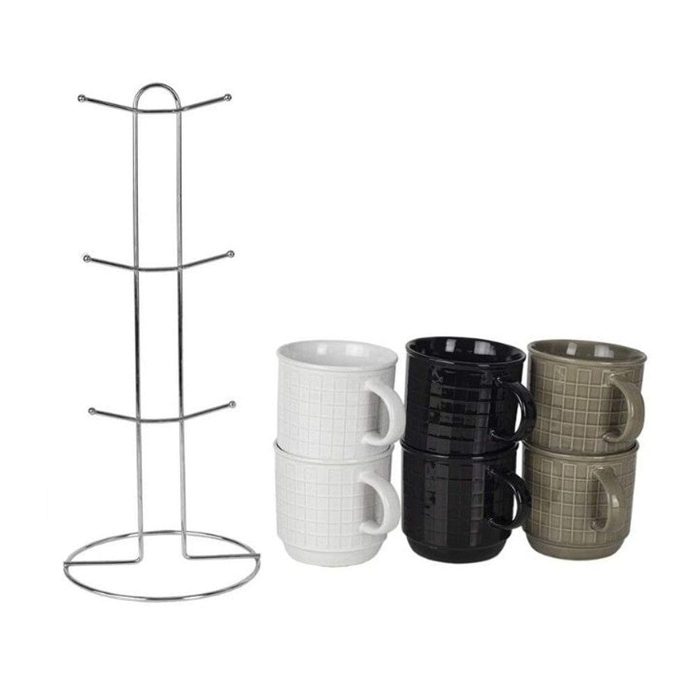 6-Piece Set: Stoneware Mug Set with Metal Rack __stock:200 Kitchen & Dining refund_fee:800