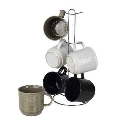 6-Piece Set: Stoneware Mug Set with Metal Rack __stock:200 Kitchen & Dining refund_fee:800