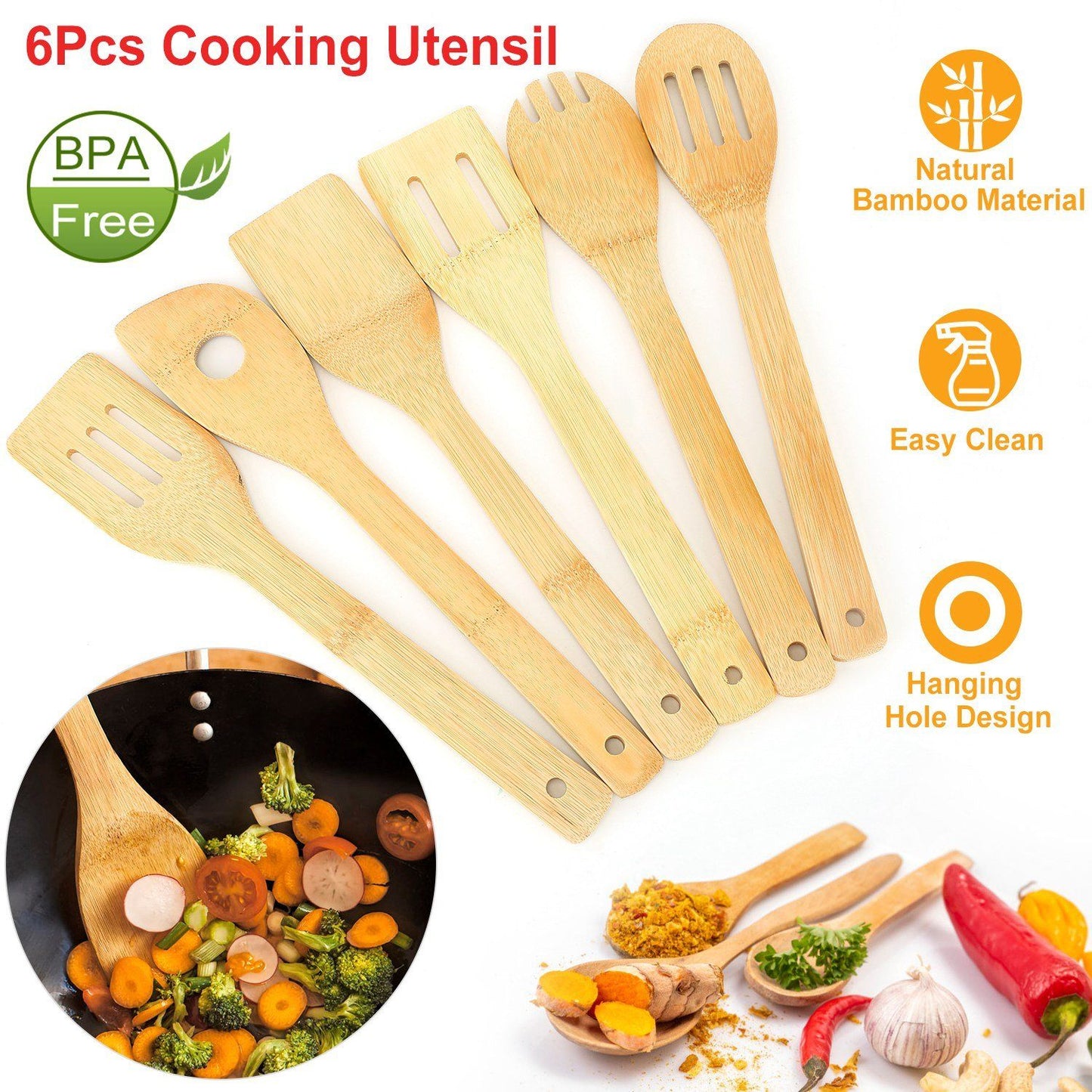 6-Pieces: Cooking Utensil Bamboo Wooden Spoons Kitchen & Dining refund_fee:800