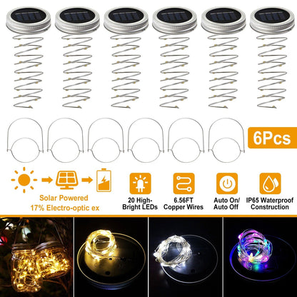 6-Pieces: Solar Powered Mason Jar Lid Lights 20 LEDs __stock:50 refund_fee:1200 String & Fairy Lights Warranty