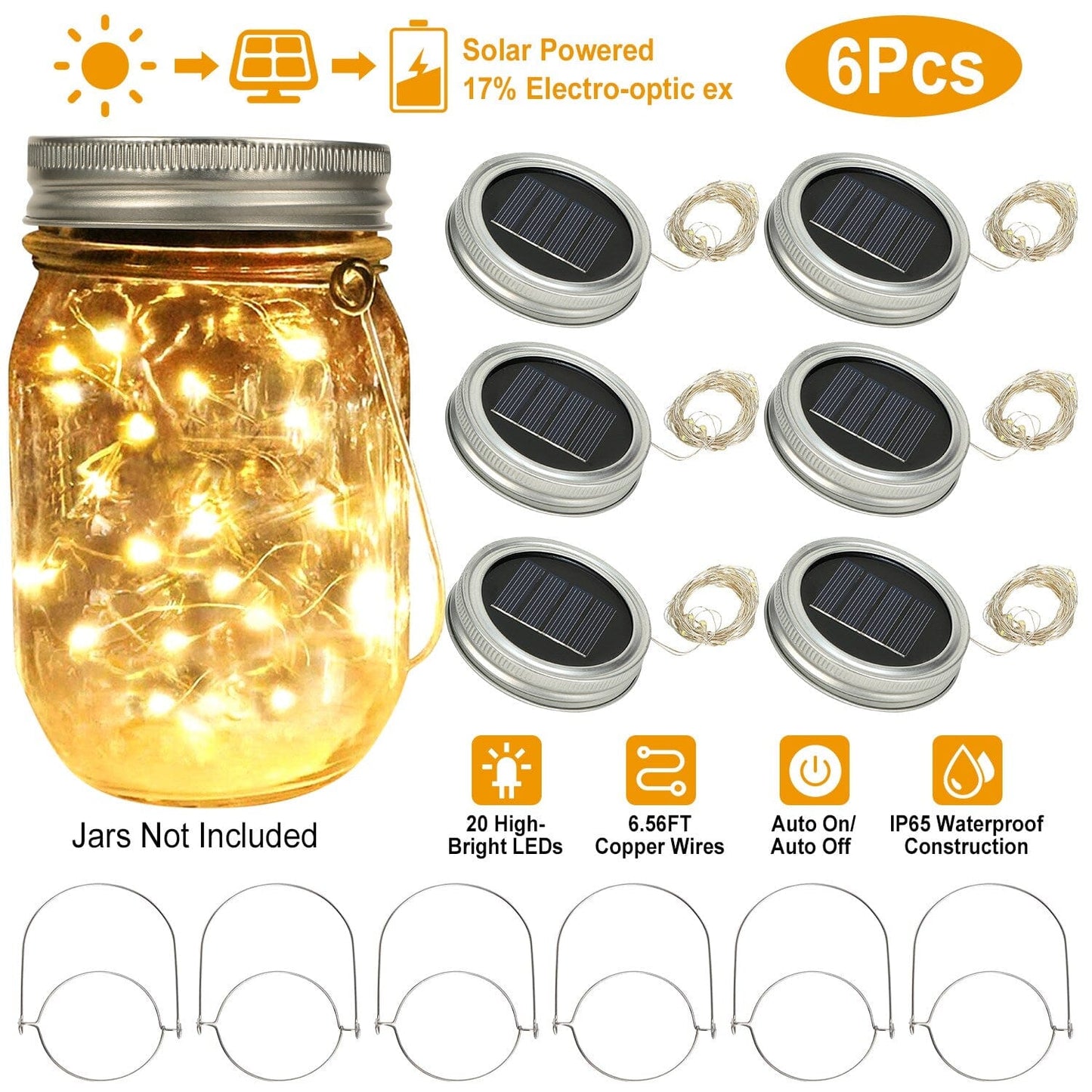 6-Pieces: Solar Powered Mason Jar Lid Lights 20 LEDs __stock:50 refund_fee:1200 String & Fairy Lights Warranty