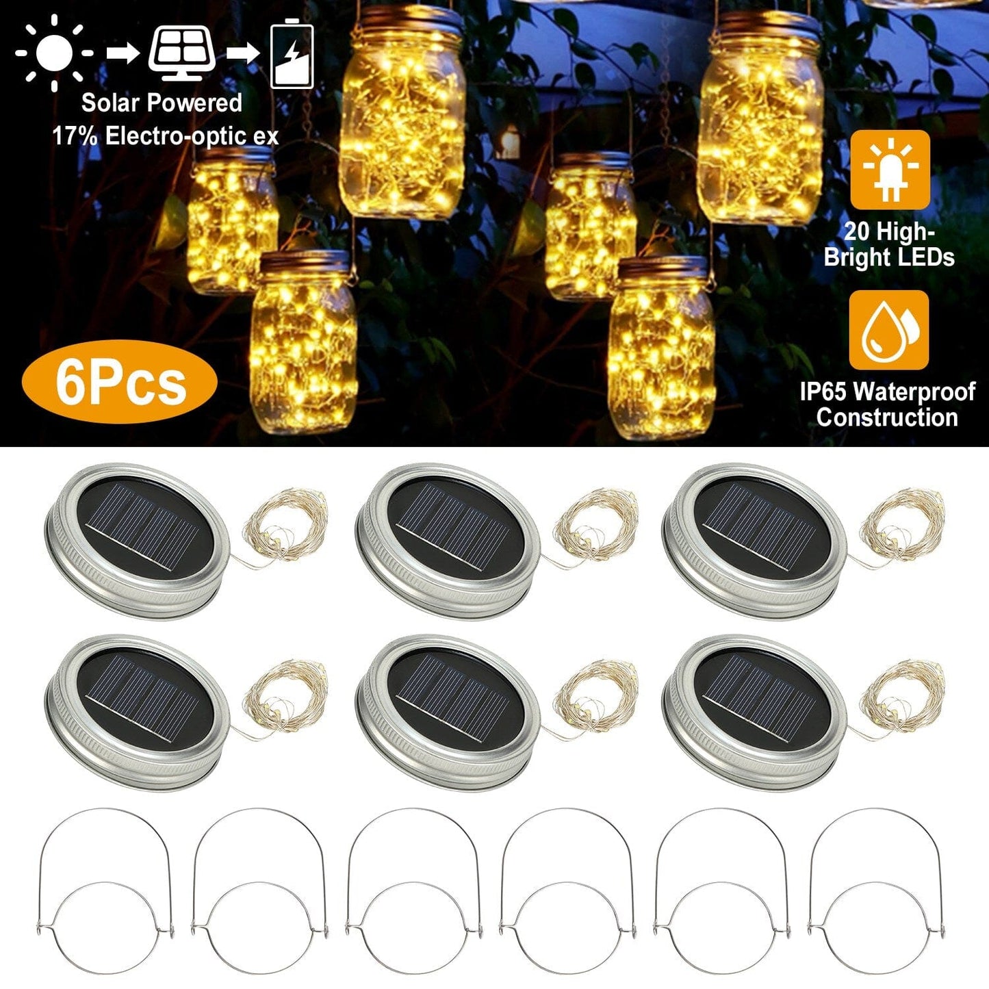 6-Pieces: Solar Powered Mason Jar Lid Lights 20 LEDs __stock:50 refund_fee:1200 String & Fairy Lights Warranty