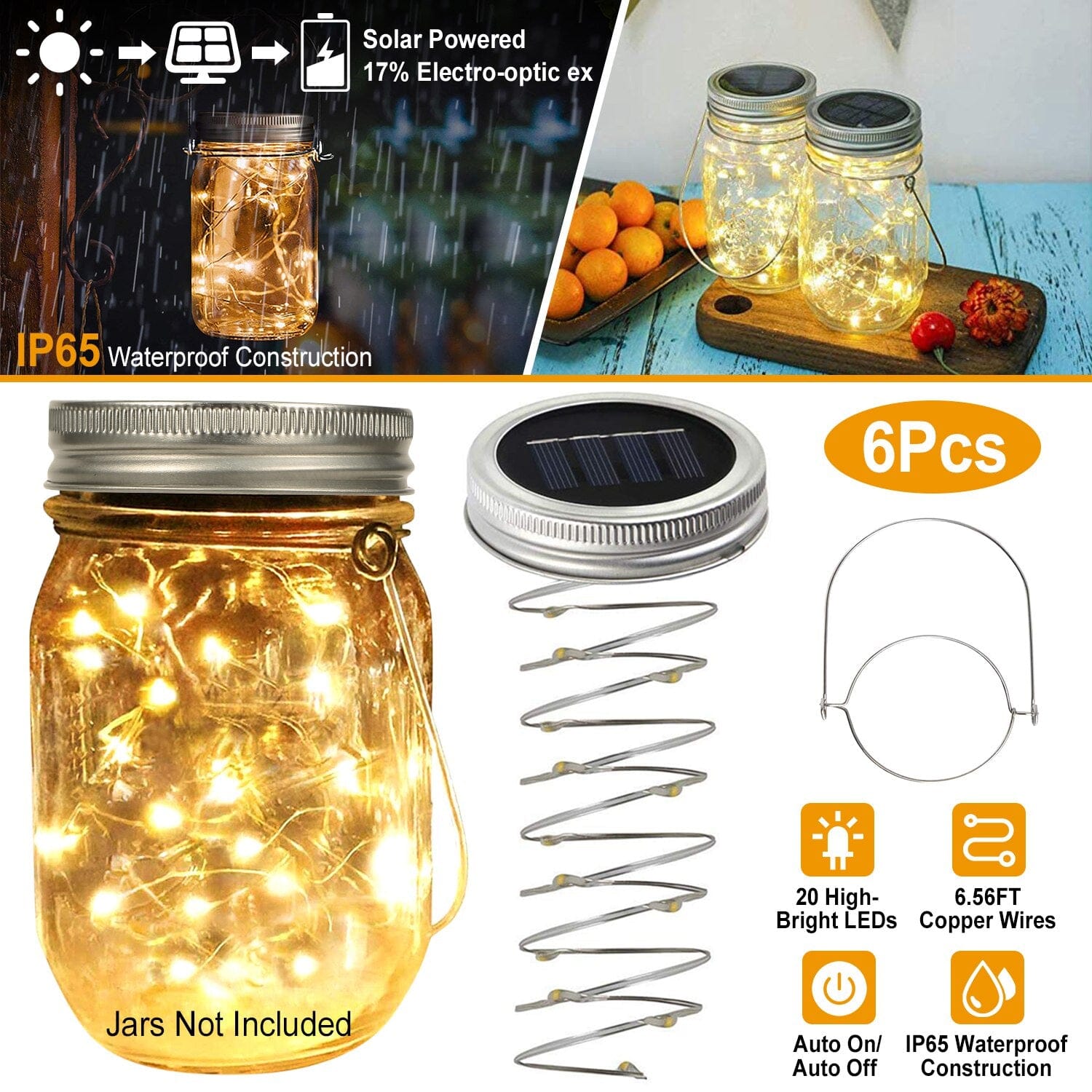 6-Pieces: Solar Powered Mason Jar Lid Lights 20 LEDs __stock:50 refund_fee:1200 String & Fairy Lights Warranty